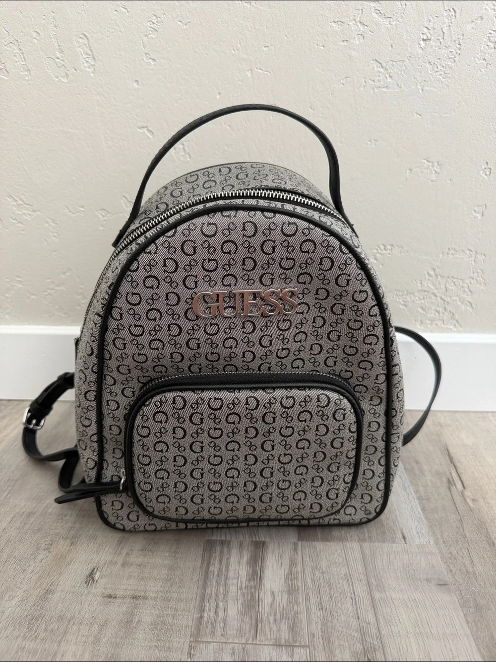 GUESS Grey and Black Monogram Mini Backpack with Silver Logo